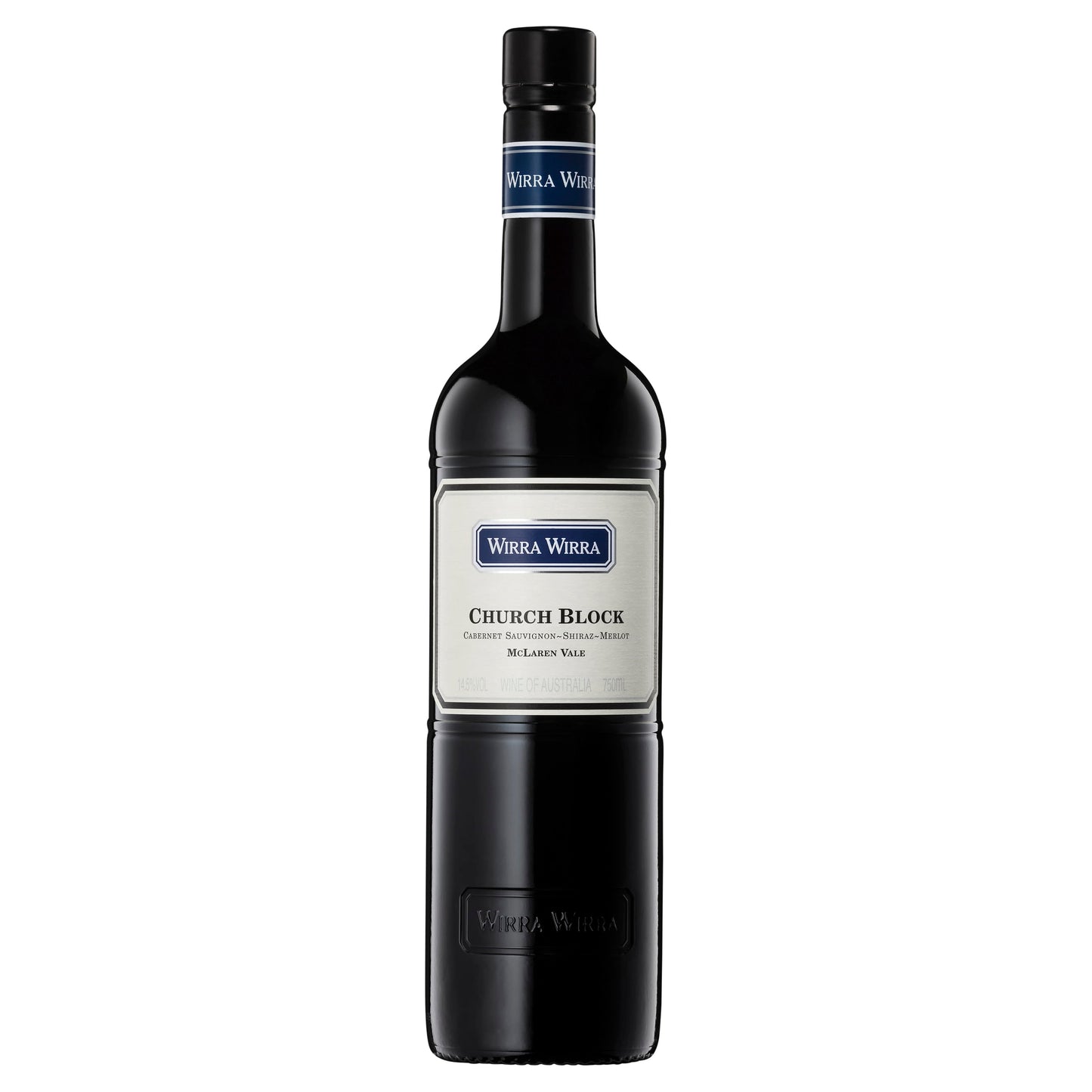 A bottle of Wirra Wirra Church Block Cabernet Sauvignon Shiraz Merlot red wine with a label displaying the brand and variety name.