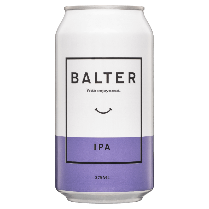 A can of Balter IPA with a white, purple, and black color scheme. The can indicates a volume of 375 mL and includes the text 'with enjoyment' and 'IPA'.