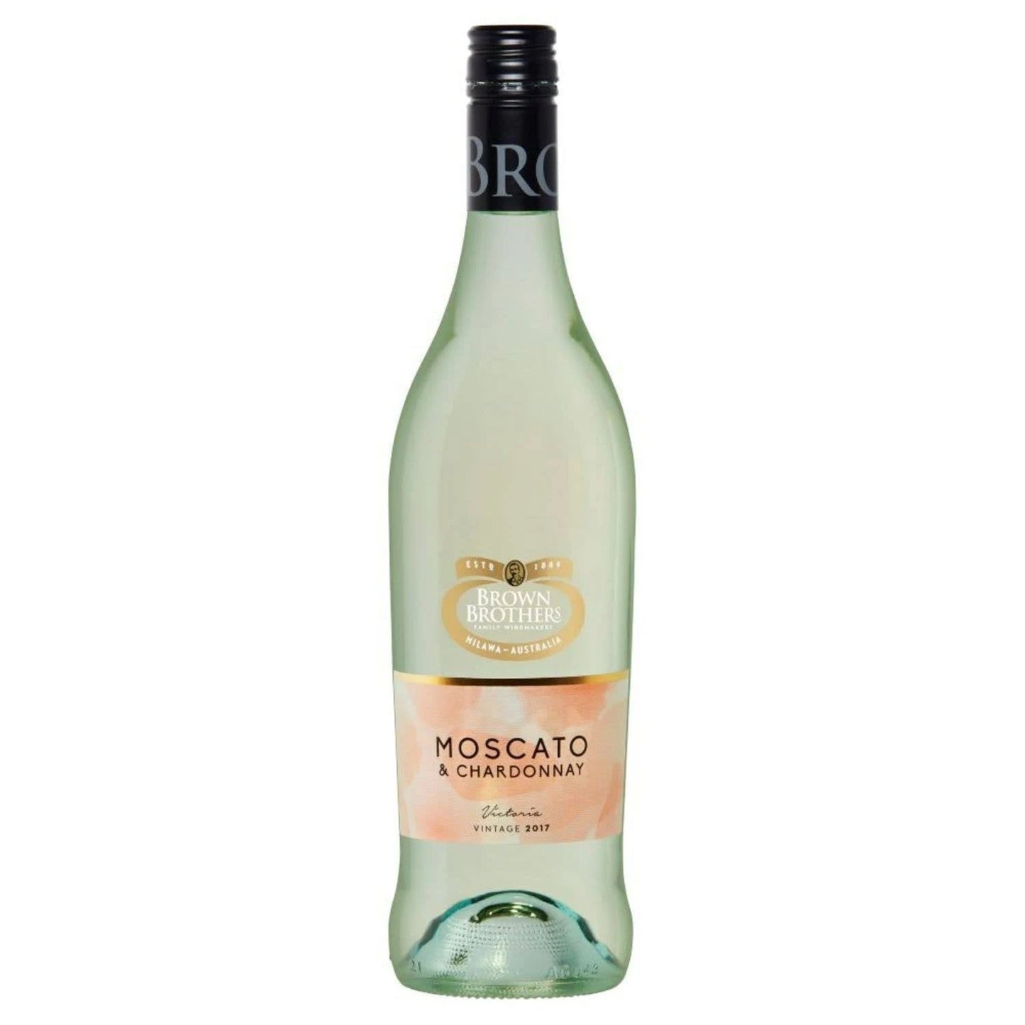 A bottle of Brown Bros Moscato Chardonnay wine with a clear view of the label which shows the brand, variety, and vintage.