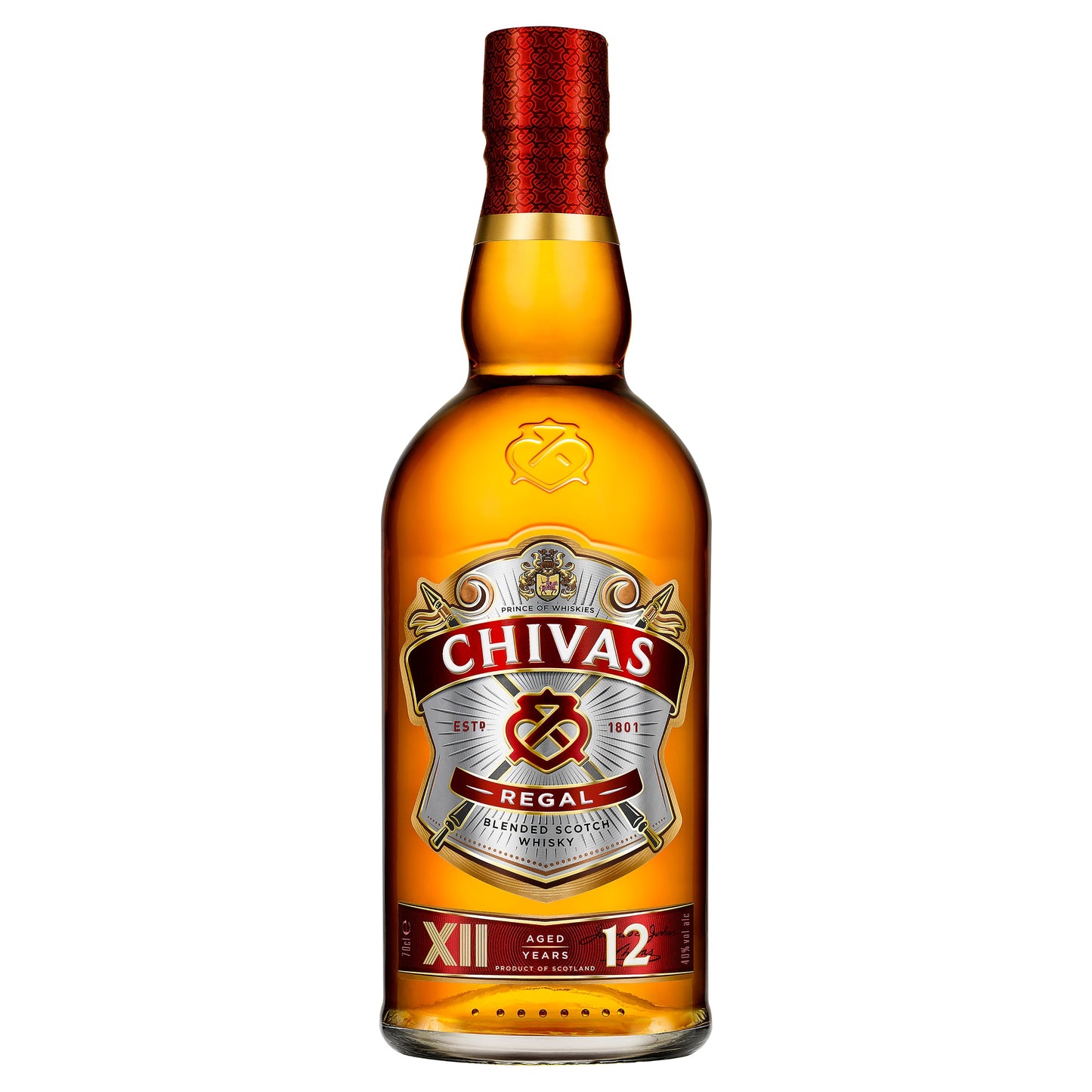 A bottle of Chivas Regal 12 Year Old blended Scotch Whisky with a red cap and label featuring the brand name and '12' signifying the age.