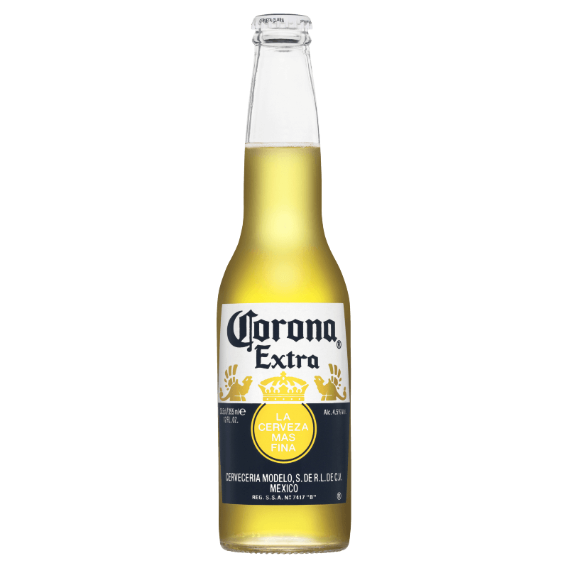 A bottle of Corona Extra showcasing its smooth and well-rounded flavour profile, perfect for garnishing with a wedge of lime to enhance its delightful citrus aroma.