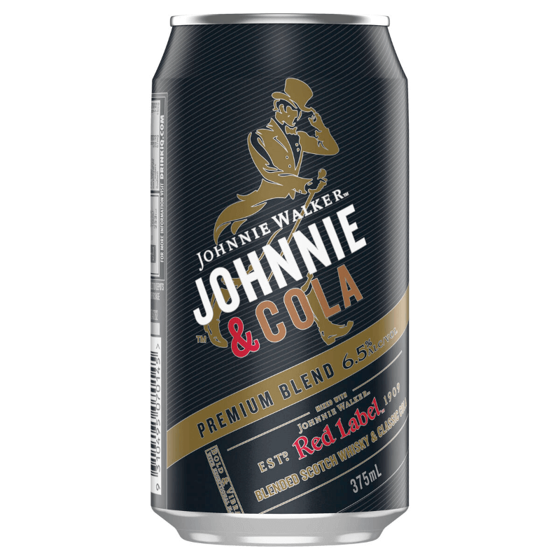 A can of Johnnie Walker & Cola Premium Blend with a black, white, and gold color scheme. The can features an illustration of a man in a suit and the text detailing the product name and volume.