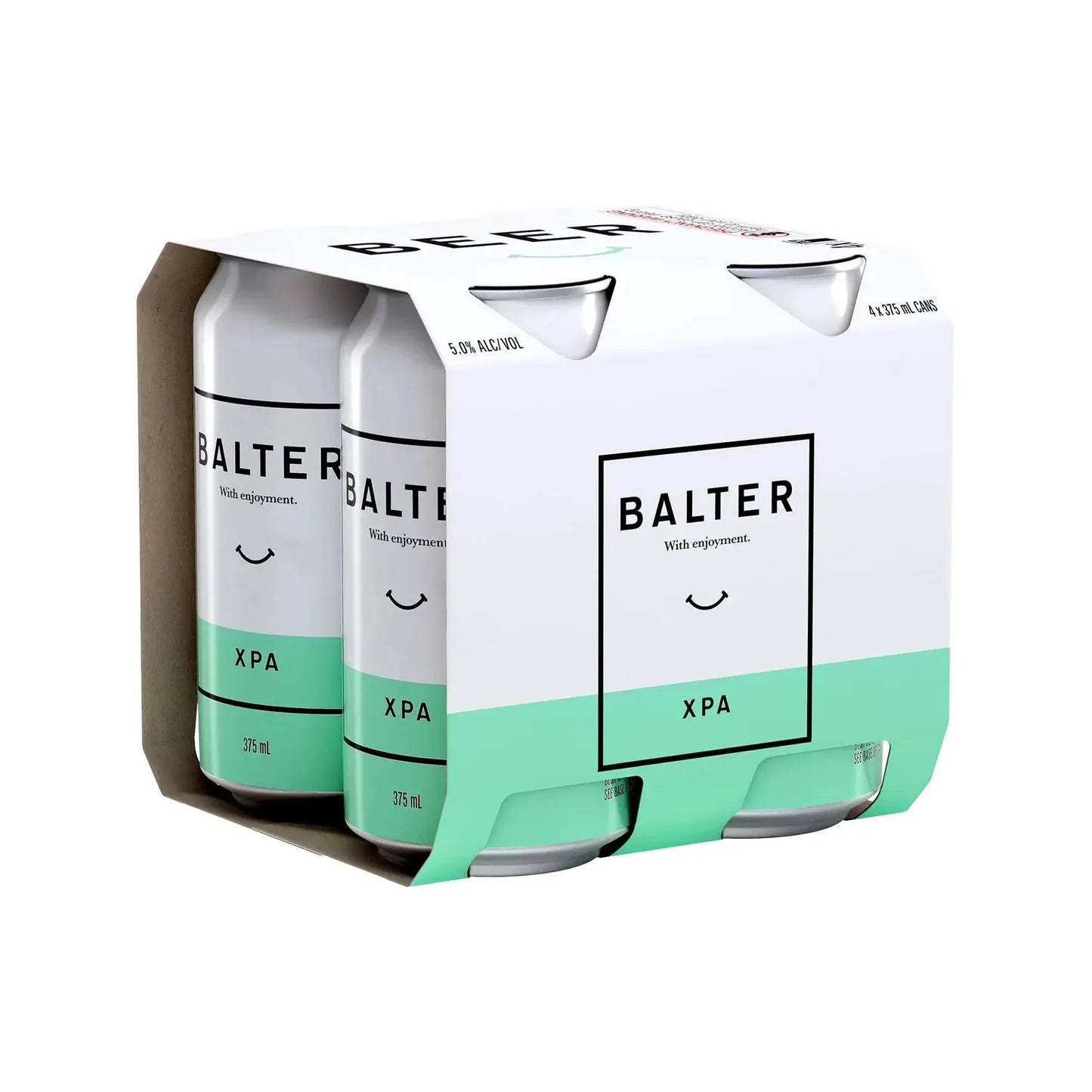Four cans of Balter XPA in a packaging box on a white background