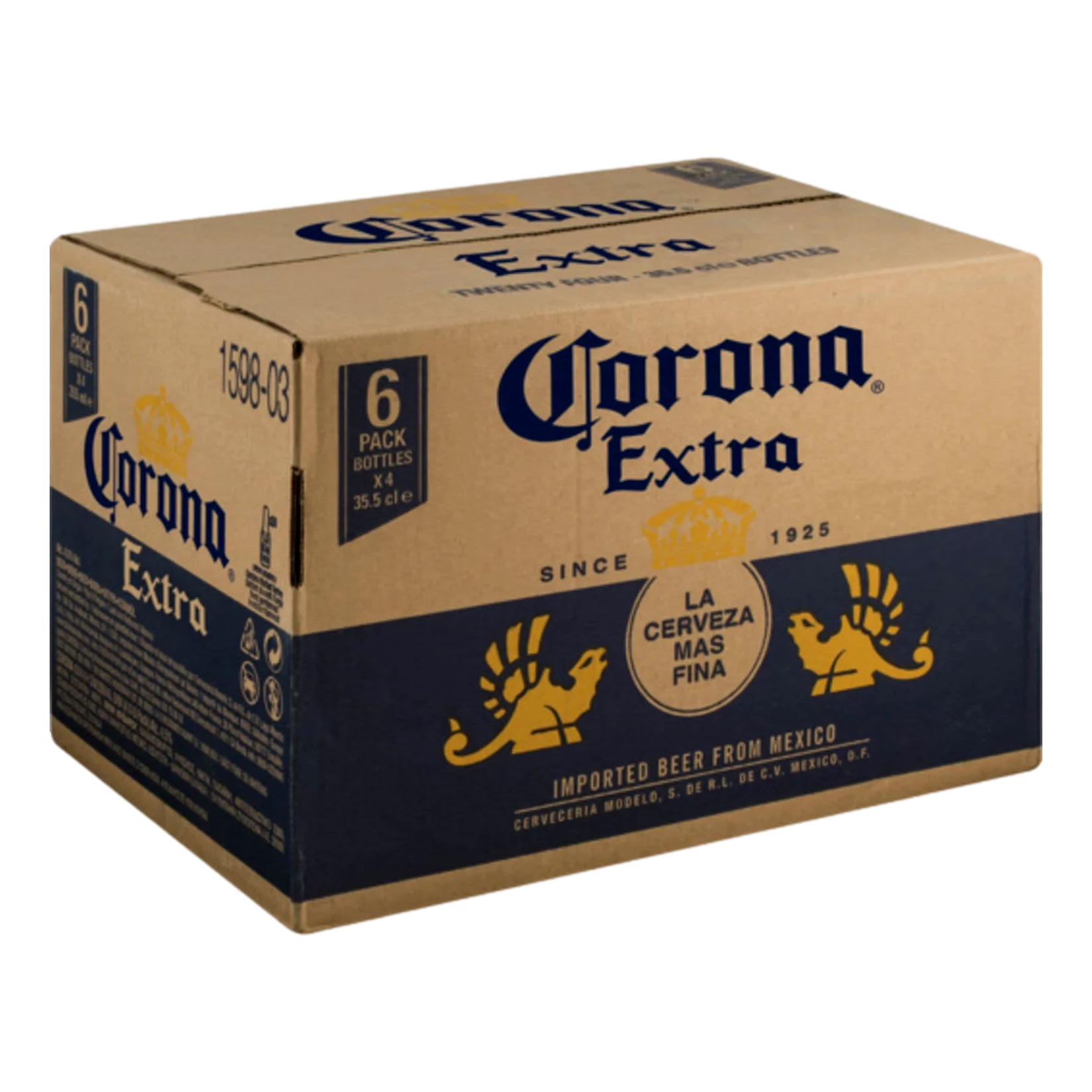 Brown Box of Imported Corona Extra beer with branding and product details.