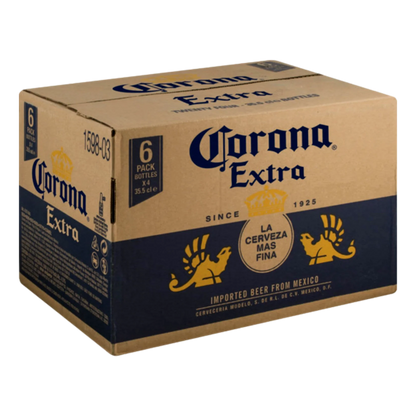Brown Box of Imported Corona Extra beer with branding and product details.