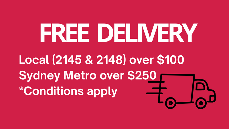 Free delivery service information on a red background with text and a delivery truck icon.