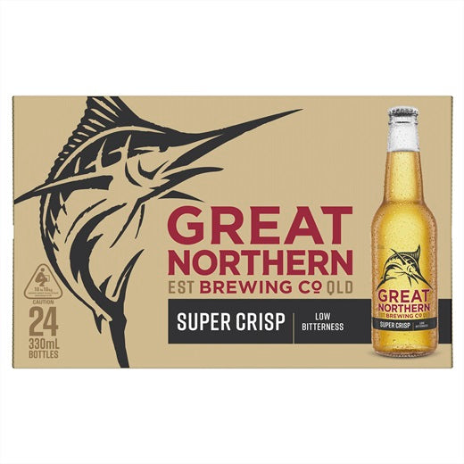 Great Northern Brewing Co. beer box  of 24x330ml bottles with a bottle on a beige background 