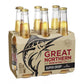 Six-pack of Great Northern beer bottles on a white background