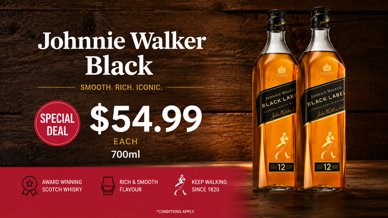 Two bottles of Johnnie Walker Black Label whisky with a special deal on a wooden background.