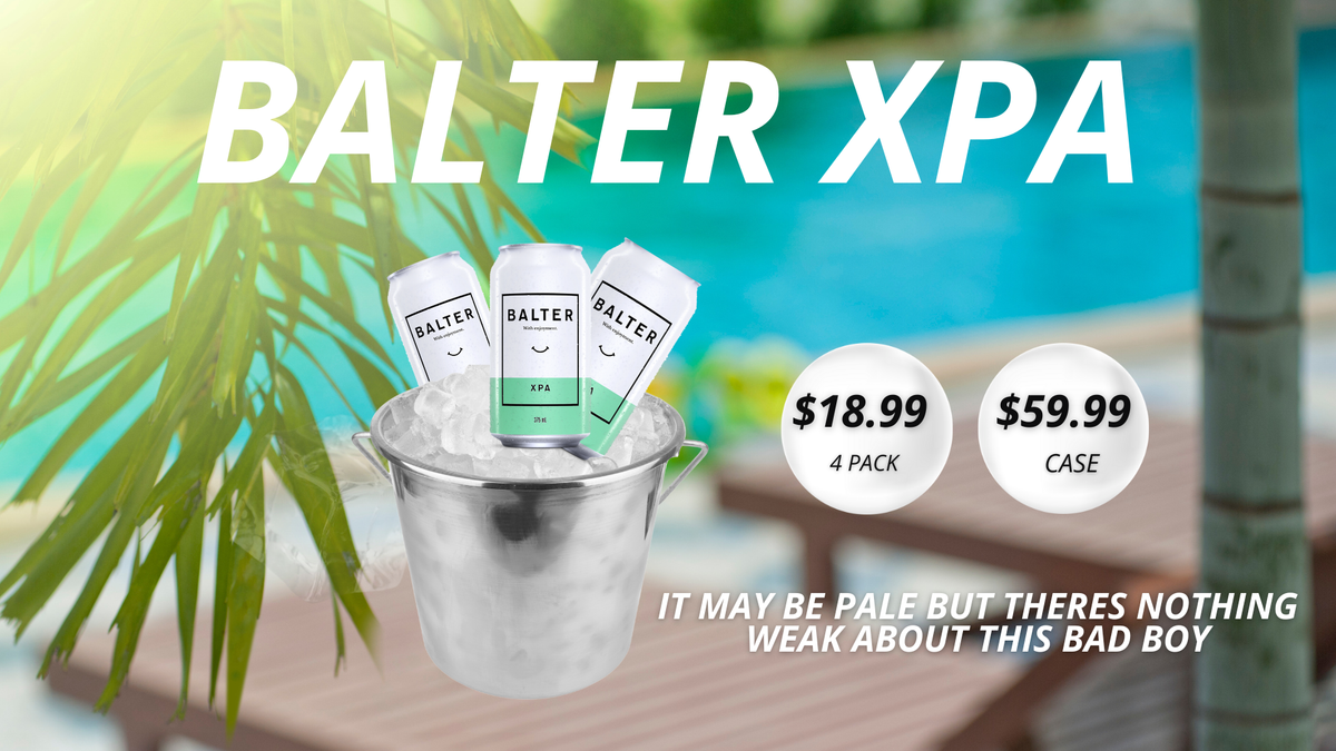 Balter XPA bottles in a bucket with promotional text and pricing against a poolside background.