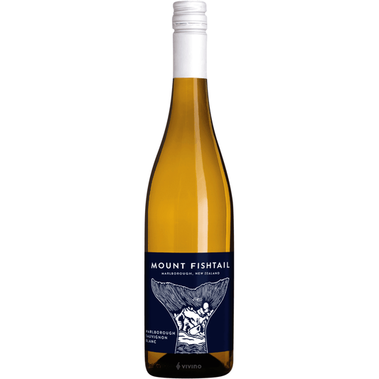 Wine bottle with 'Mount Fishtail' label on a navy blue  background
