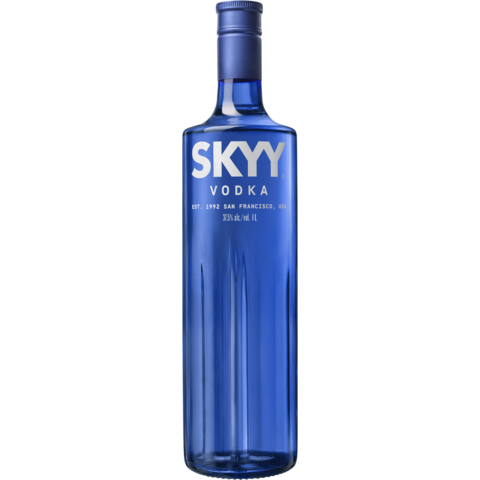 A blue bottle of Skyy Vodka with a white label, displaying the brand name and the word 'VODKA' in bold, blue caps on a plain background.
