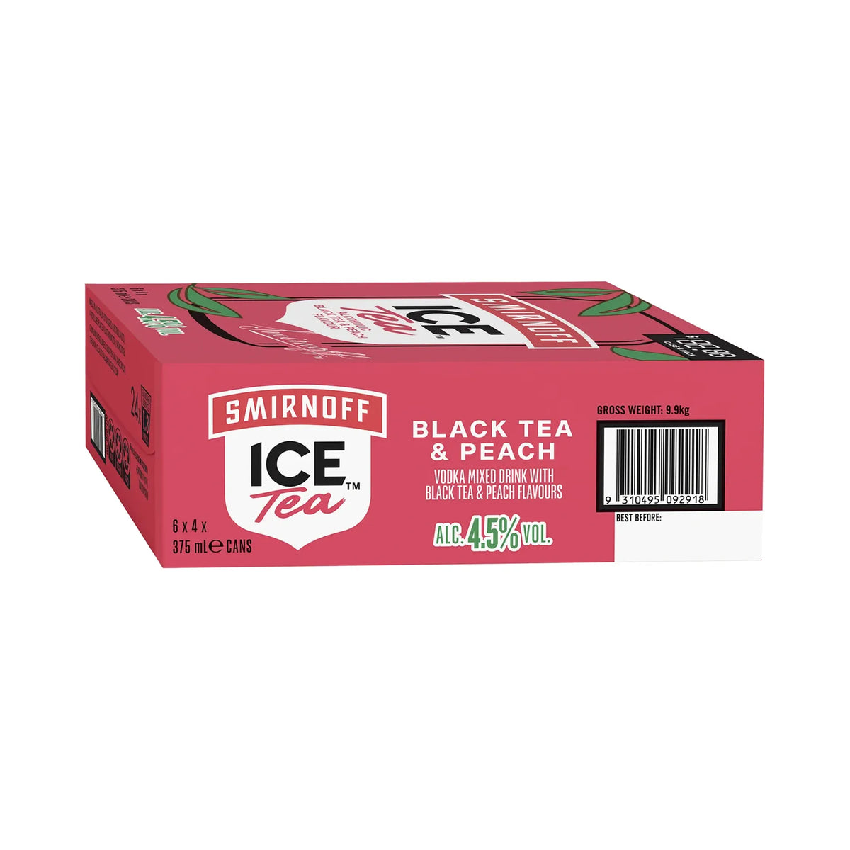 A case box of Smirnoff Ice Tea Black Tea & Peach, containing 375 mL cans, shown on a plain white background.