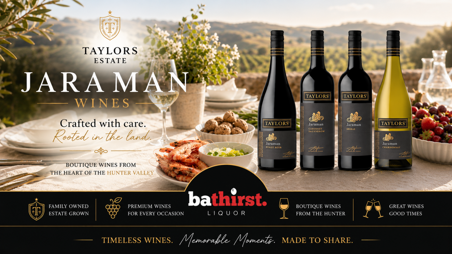 Four bottles of Taylor's Estate wine displayed on a dining table with a scenic vineyard background, alongside promotional text and a Bathirst Liquor logo banner at the bottom.