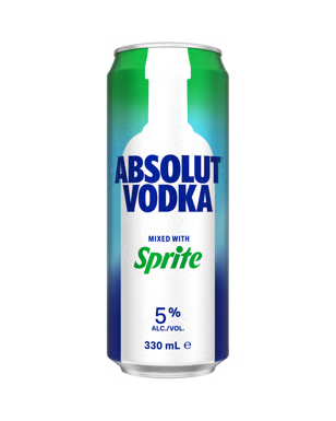 A 330 mL can of Absolut Vodka Mixed With Sprite, featuring a white bottle graphic with green and blue gradients on a white background.