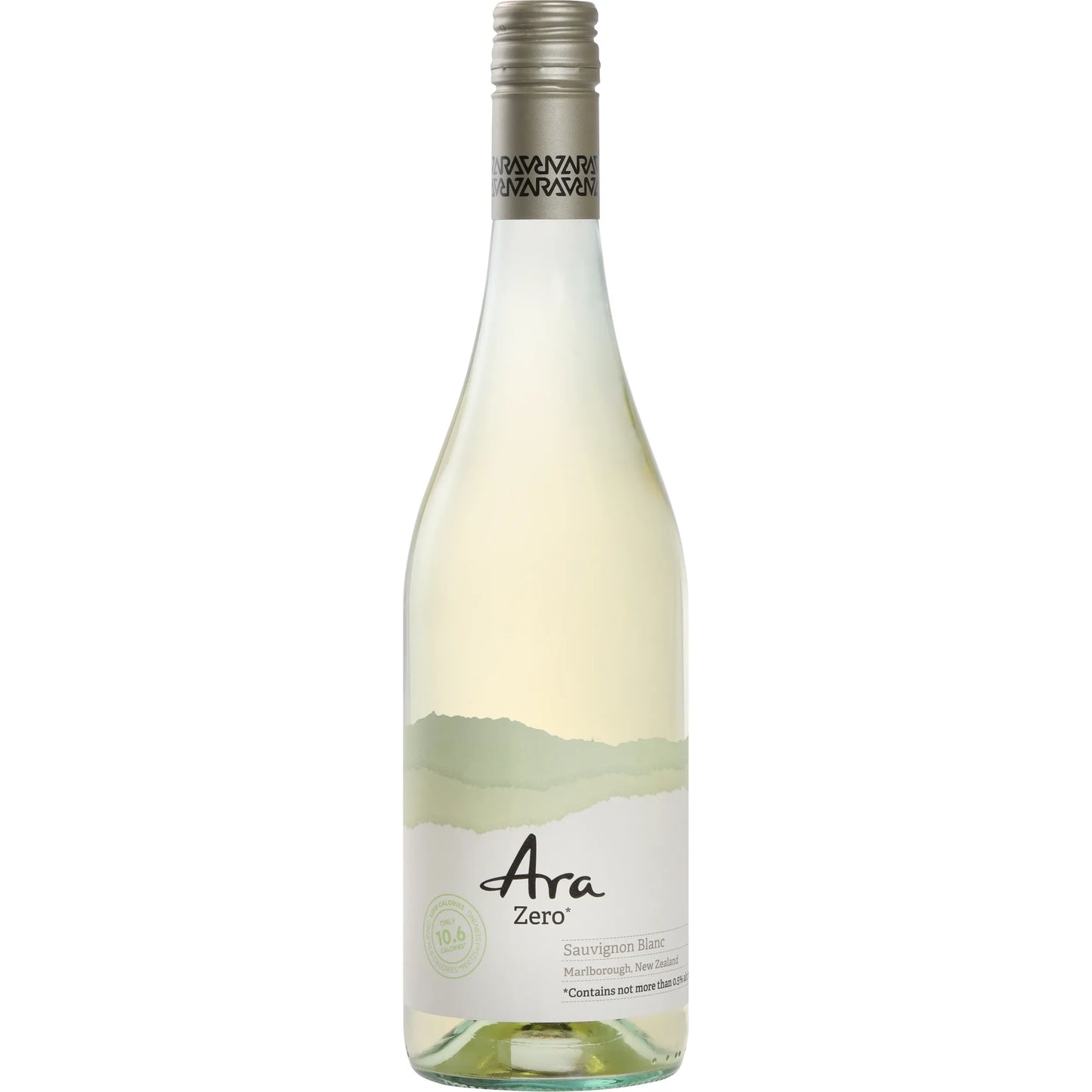 Bottle of Ara Zero wine with a white label on a white background