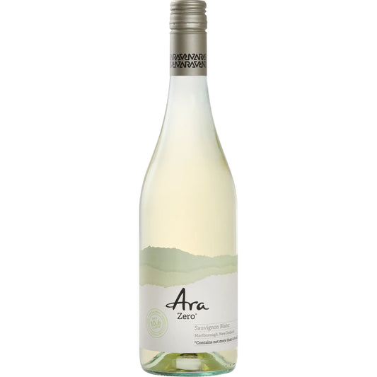 Bottle of Ara Zero wine with a white label on a white background