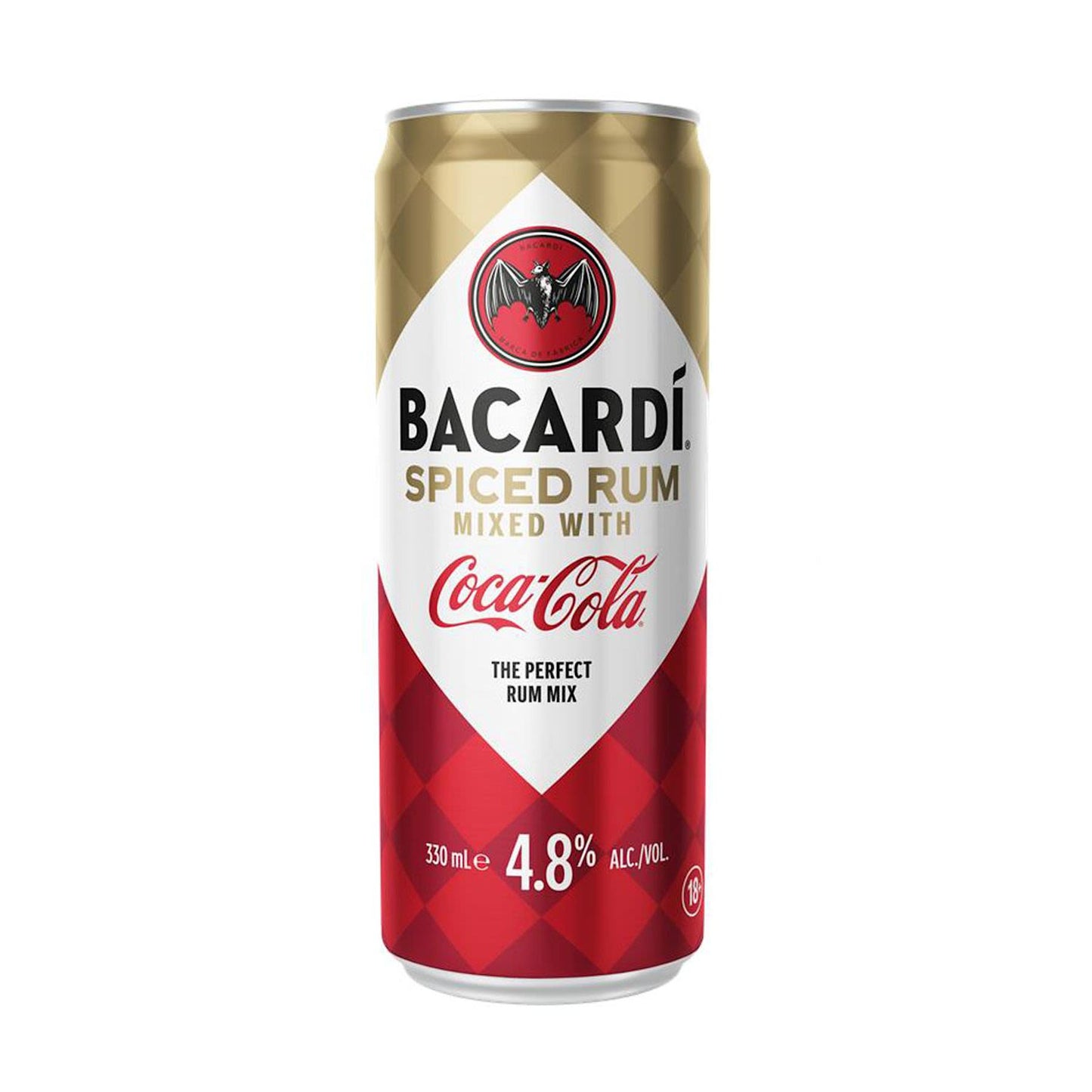 Bacardi Spiced Rum mixed with Coca-Cola can on a white background