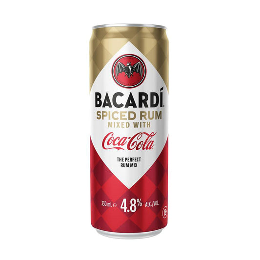 Bacardi Spiced Rum mixed with Coca-Cola can on a white background