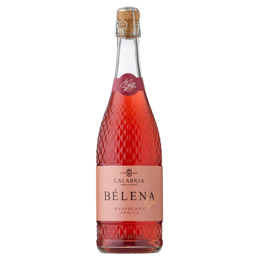 Bottle of Belena Raspberry Spritz from Calabria with a cork and red label.