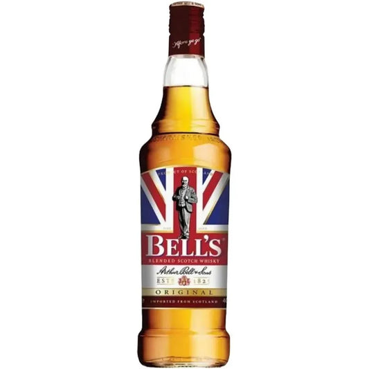 Bottle of Bell's Blended Scotch Whisky with Union Jack design on a white background