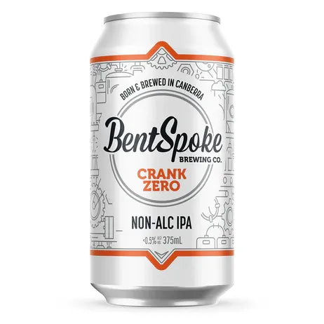 A 375mL aluminum can of BentSpoke Brewing Co. Crank Zero Non-Alc IPA, featuring a white label with orange accents and black text, set against a plain white background.