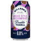 A can of Billson's Aussie Style Passionfruit Double Vodka, 375 mL, featuring a dark navy blue background with purple passionfruit illustrations and a white central label.