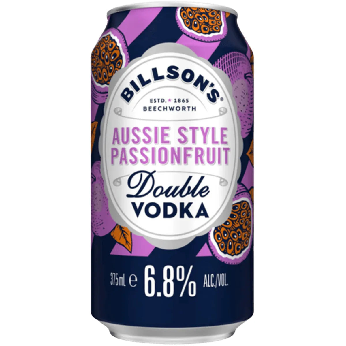 A can of Billson's Aussie Style Passionfruit Double Vodka, 375 mL, featuring a dark navy blue background with purple passionfruit illustrations and a white central label.