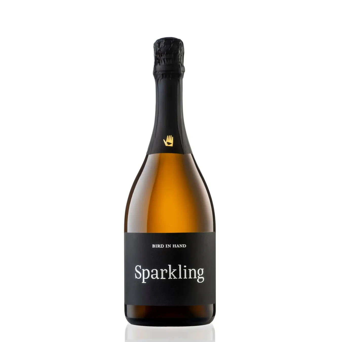 Bottle of sparkling wine with a black label on a white background