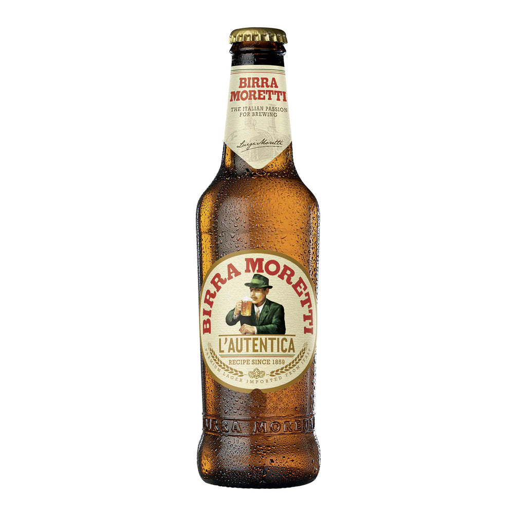Brown beer bottle with 'Birra Moretti' label on a white background