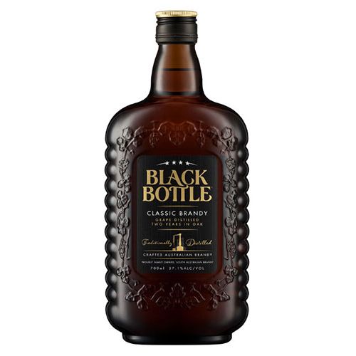 Brown bottle of Black Bottle Classic Brandy with embossed design and gold cap.