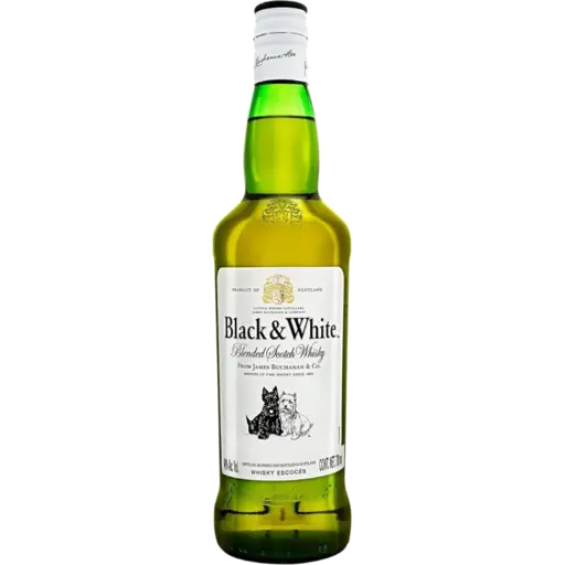 Green bottle of Black & White Blended Scotch Whisky on a white background