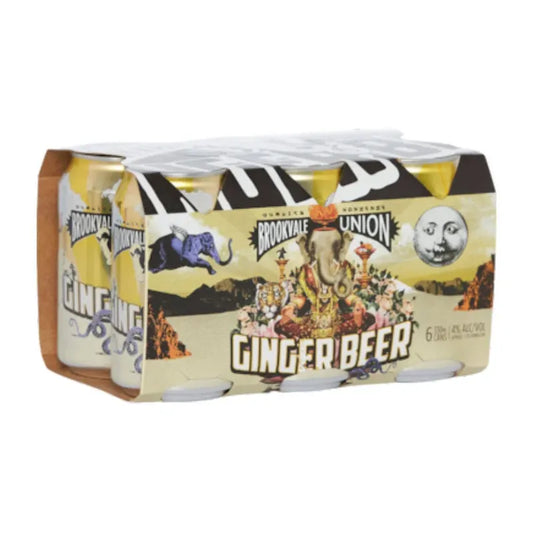 Pack of Brookvale Union Ginger Beer cans on a white background
