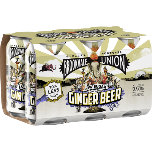 Pack of Brookvale Union Ginger Beer cans on a white background