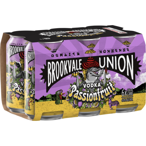 Six-pack of Brookvale Union Vodka Passionfruit cans on a white background