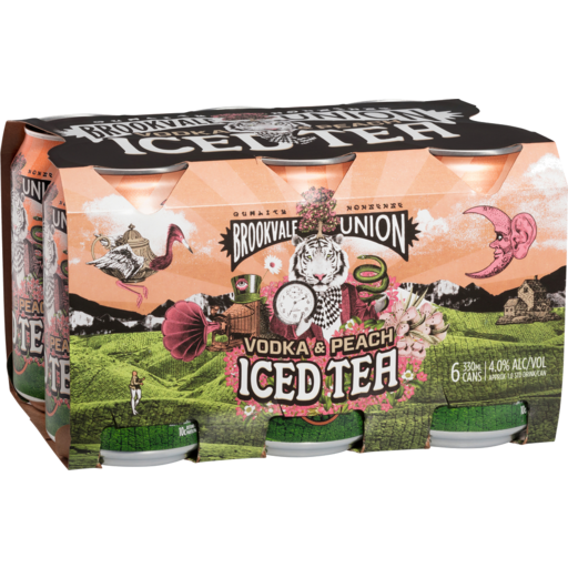 Pack of Brookvale Union Vodka & Peach Iced Tea cans with decorative design on a white background