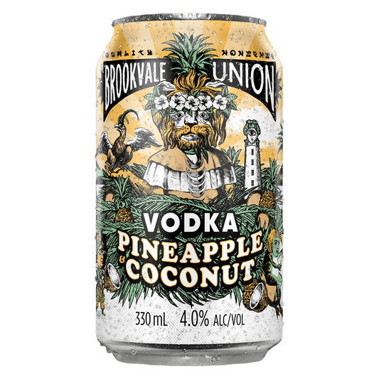 Vodka can labeled 'Brookvale Union' with pineapple and coconut design on a white background