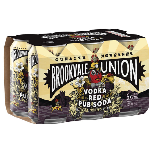 Pack of six Brookvale Union Vodka Red Flavour Pub Soda cans on a white background