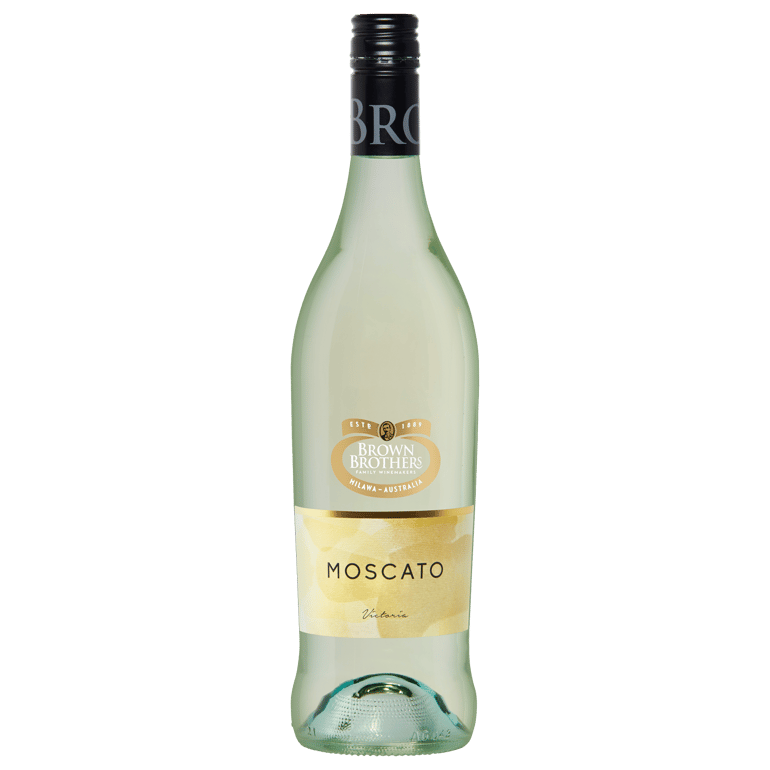 Bottle of Brown Bros Moscato wine with a clear view of the label which shows the brand, variety, and vintage.
