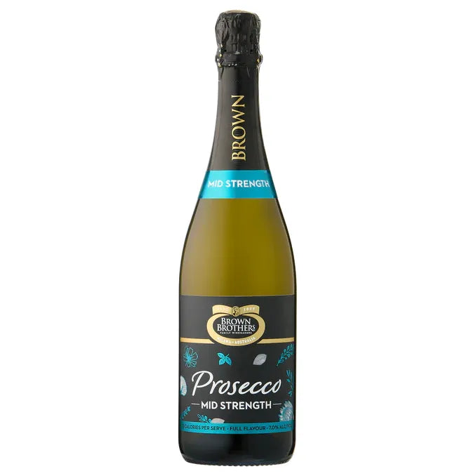 Bottle of Brown Brothers Prosecco Mid Strength on a white background