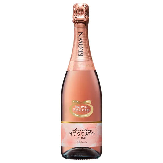 Bottle of Brown Brothers Sparkling Moscato Rose on a white background
