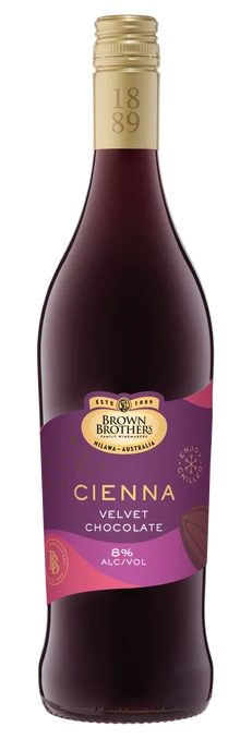 A bottle of Brown Brothers Cienna Velvet Chocolate non-alcoholic wine, featuring a dark purple label and a gold foil neck seal on a white background.