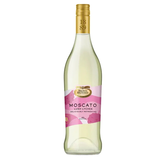 Bottle of Moscato Lush Lychee wine with a gold foil cap on a white background