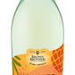 A bottle of Brown Brothers Moscato Pineapple Splash non-alcoholic wine, featuring a pale greenish-white liquid, a gold screw cap, and a label with orange and yellow pineapple graphics.
