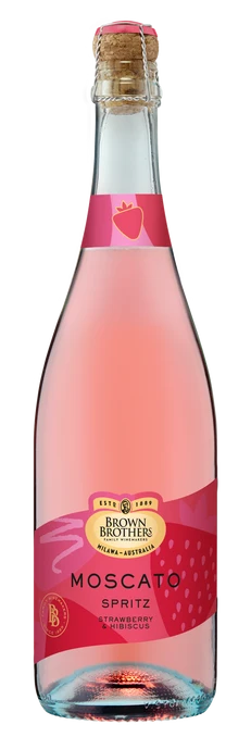 A bottle of Brown Brothers Moscato Spritz strawberry sparkling wine, featuring a pink liquid, a pink and red label, and a gold seal on a white background.