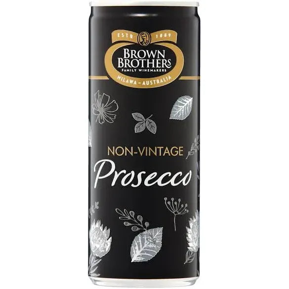 Can of Brown Brothers Non-Vintage Prosecco with black and white leaf design.