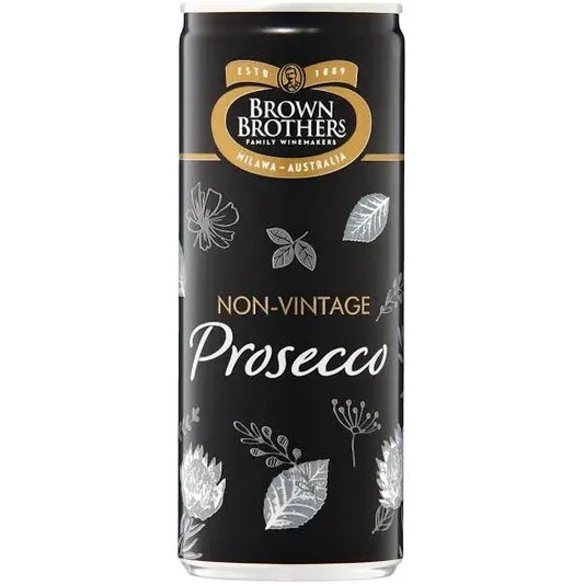 Can of Brown Brothers Non-Vintage Prosecco with black and white leaf design.