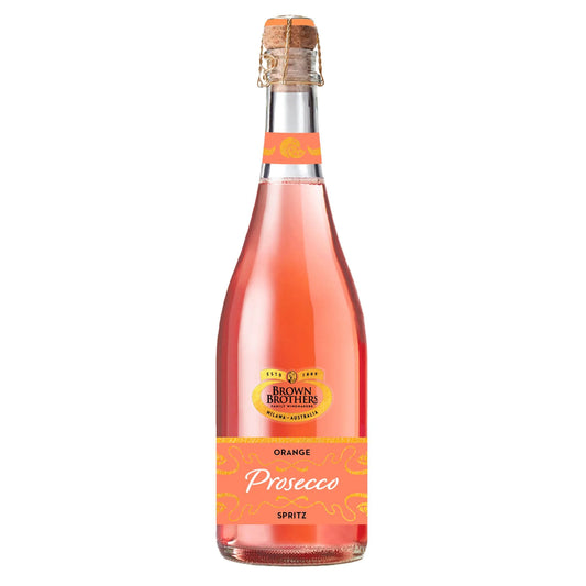 Bottle of Brown Brothers Orange Prosecco Spritz on a white background