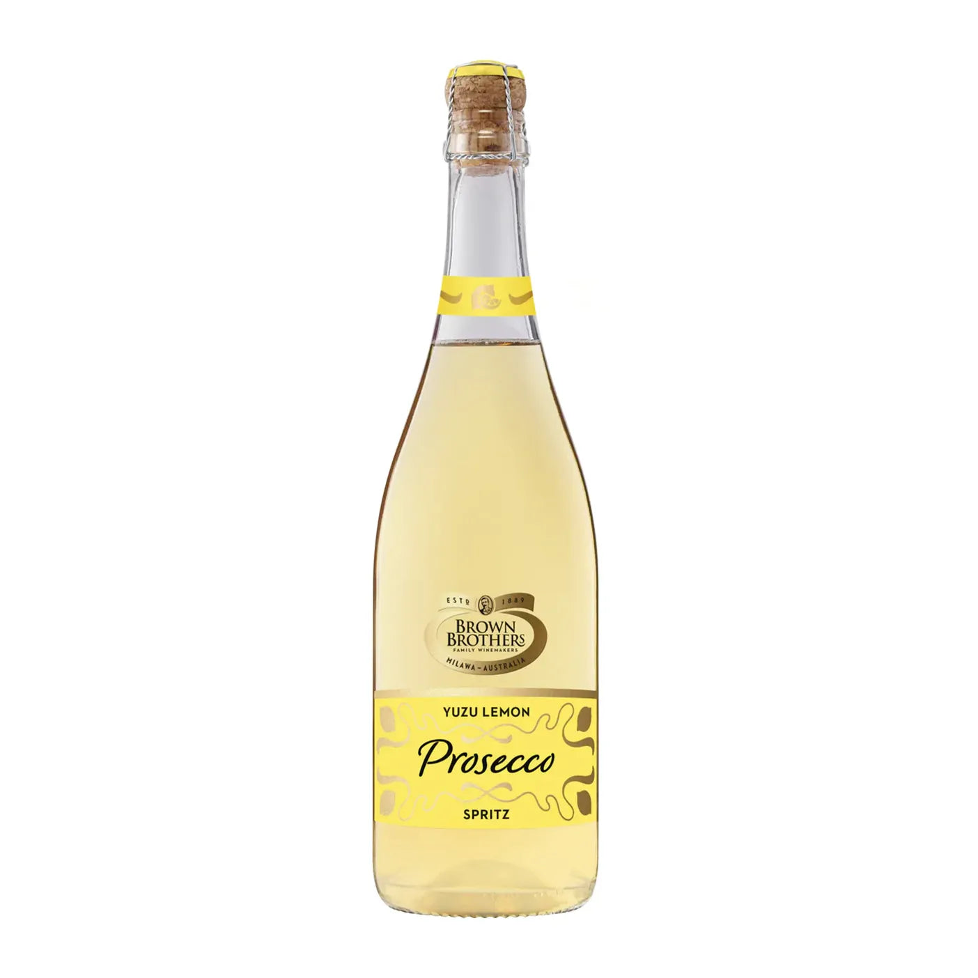 Bottle of Brown Brothers Yuzu Lemon Prosecco Spritz on a white background