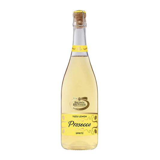 Bottle of Brown Brothers Yuzu Lemon Prosecco Spritz on a white background